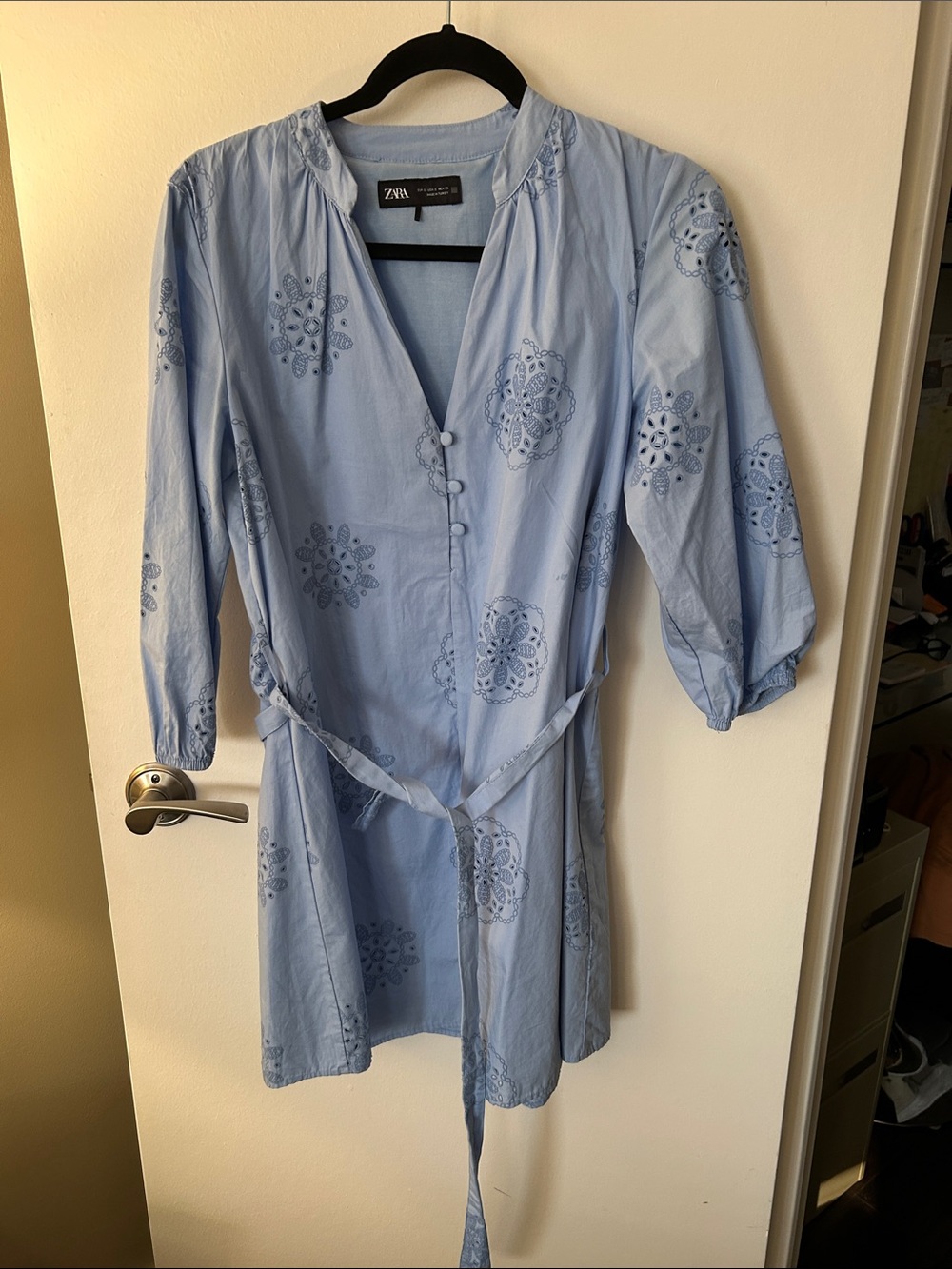 ZARA Pale Blue Eyelet Embroidered Mini Dress